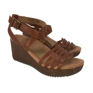 Vionic Clarisa Leather Strappy Cork Wedge Sandals Cognac Brown Boho Casual Sz 8